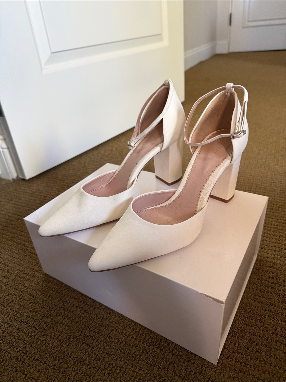 Emmy London Elegant Ivory Ankle-Strap Block Suede Heel Pumps